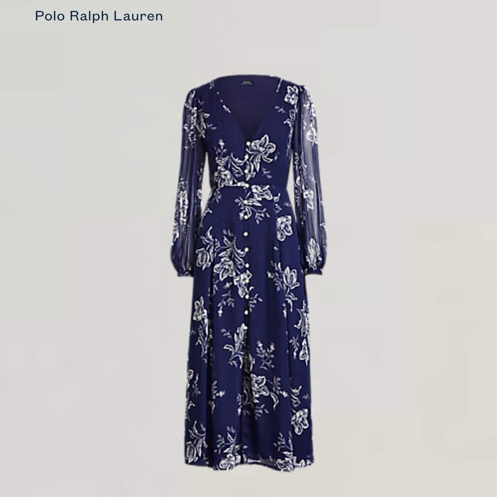 Polo Ralph Lauren Navy Flower Button-Front Chiffon Maxi Dress Size 4 160/88A